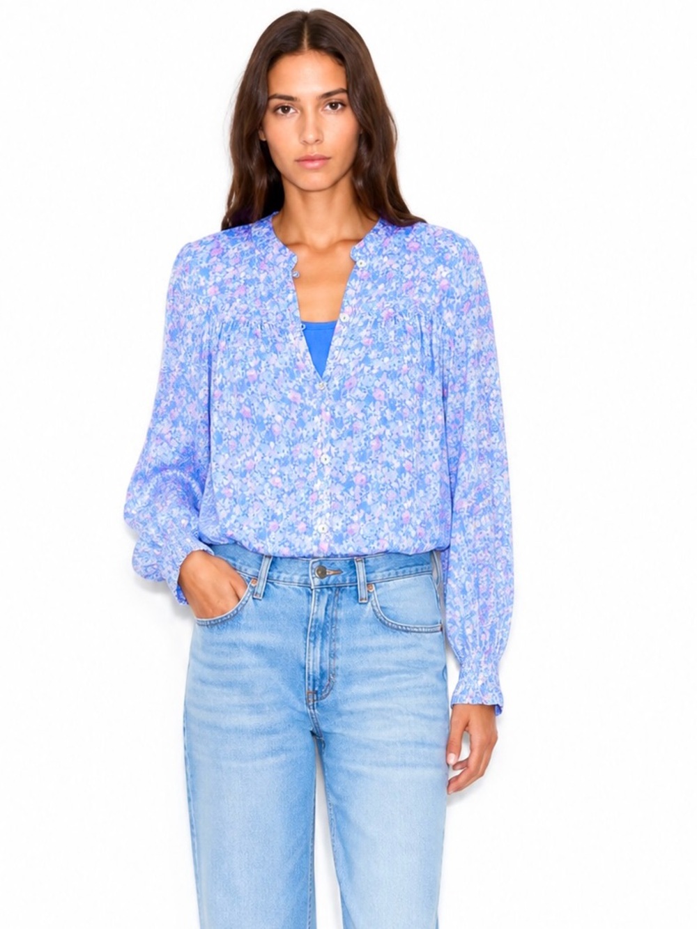 NWOT Aspiga Lightweight Semi-Sheer Blouse w/ Detachable Cami Floral Blue | Small